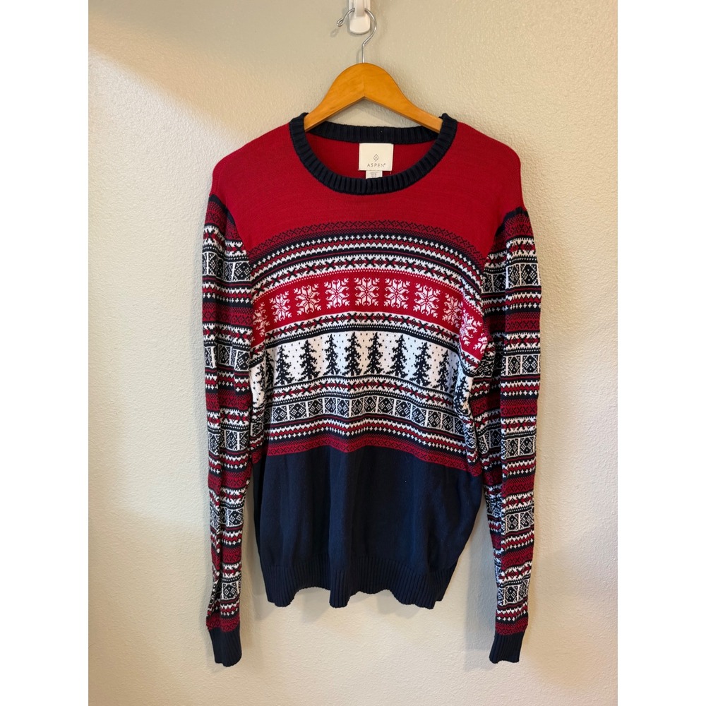 Aspen Fair Isle Sweater Mens XL Red Navy Blue Christmas Nordic Cotton Pullover